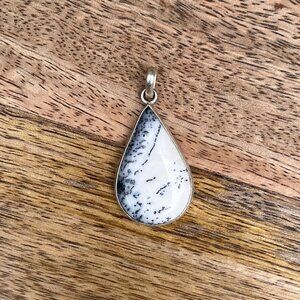 Sterling Silver Dendritic Opal Teardrop Pendant | Black & White Gemstone